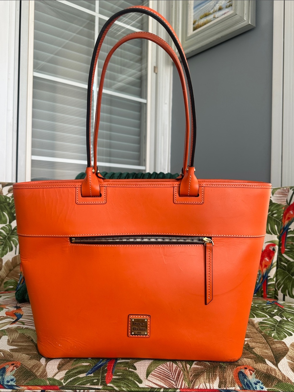 Dooney & Bourke Bright Orange Leather Tote with Front Zip
